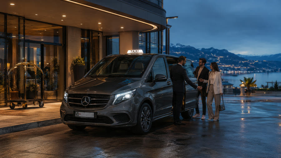 Chauffeur TAXI 624 accueillant un couple devant un hôtel, Mercedes Classe V, Léman et Alpes au crépuscule — service porte à porte