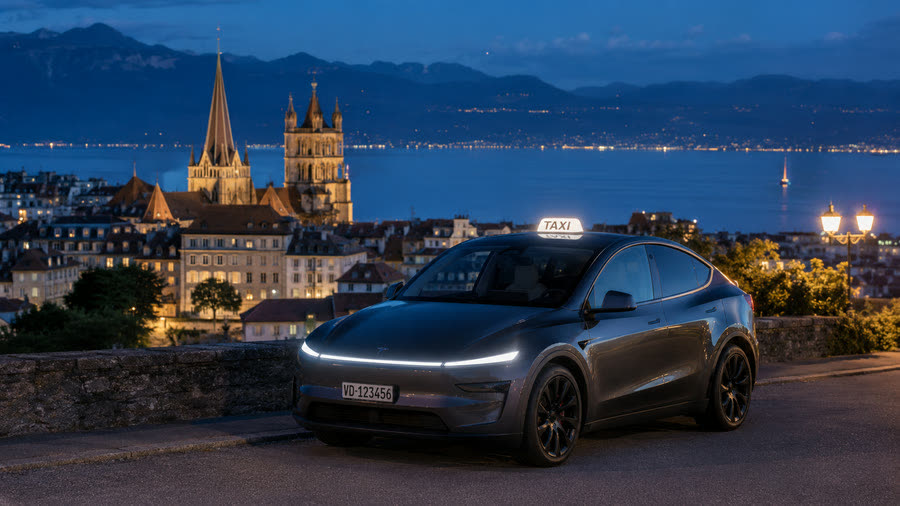 Taxi Tesla Model Y TAXI 624 devant la cathédrale de Lausanne et le Léman la nuit — courses en ville 24h/24